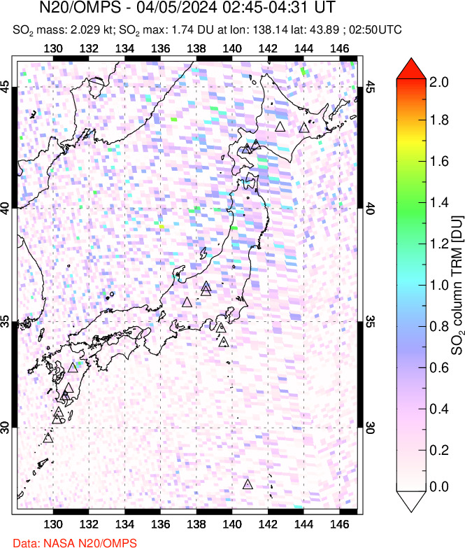 A sulfur dioxide image over Japan on Apr 05, 2024.