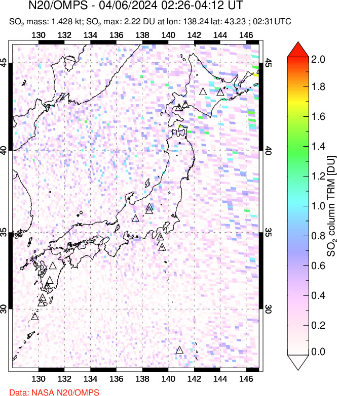 A sulfur dioxide image over Japan on Apr 06, 2024.