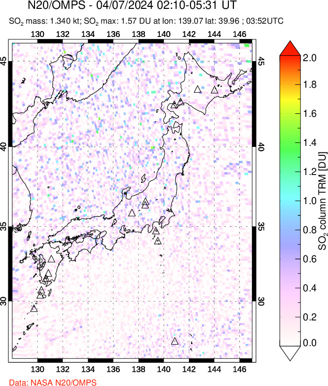 A sulfur dioxide image over Japan on Apr 07, 2024.