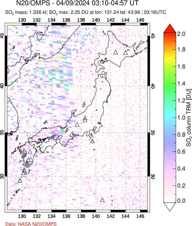 A sulfur dioxide image over Japan on Apr 09, 2024.