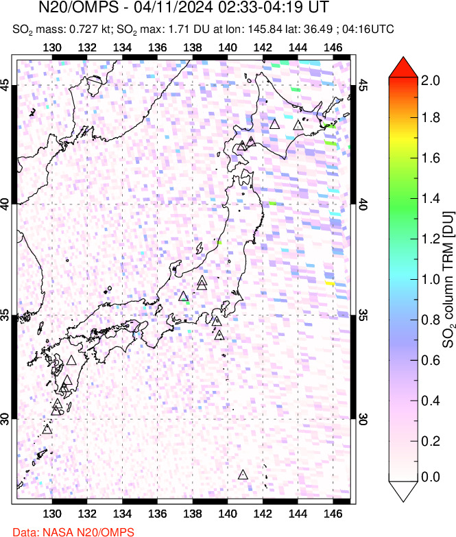 A sulfur dioxide image over Japan on Apr 11, 2024.