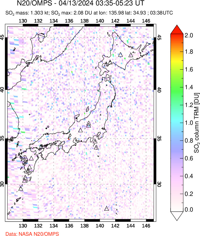 A sulfur dioxide image over Japan on Apr 13, 2024.