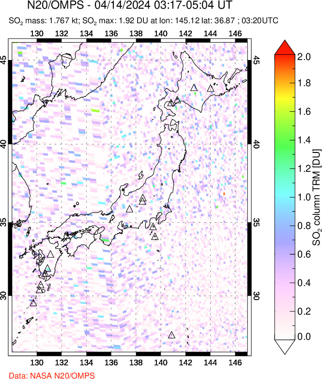 A sulfur dioxide image over Japan on Apr 14, 2024.