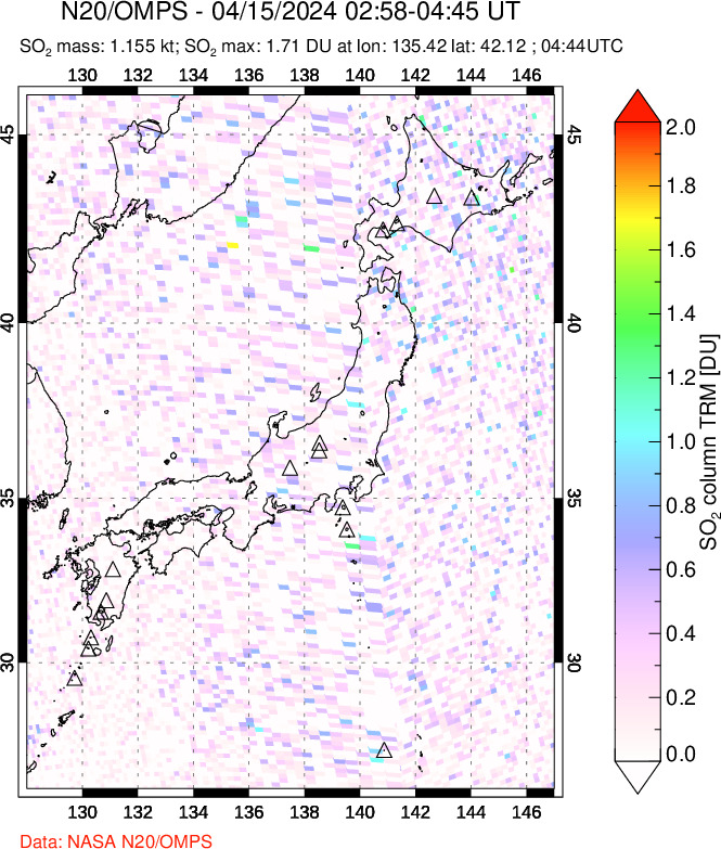 A sulfur dioxide image over Japan on Apr 15, 2024.