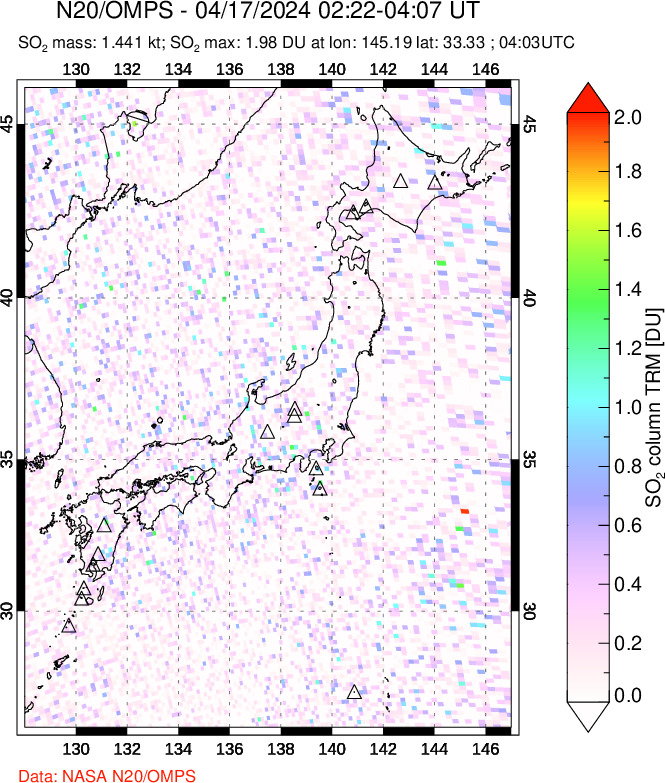 A sulfur dioxide image over Japan on Apr 17, 2024.