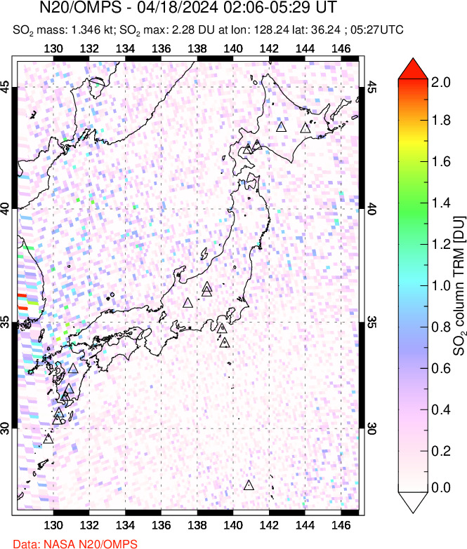 A sulfur dioxide image over Japan on Apr 18, 2024.