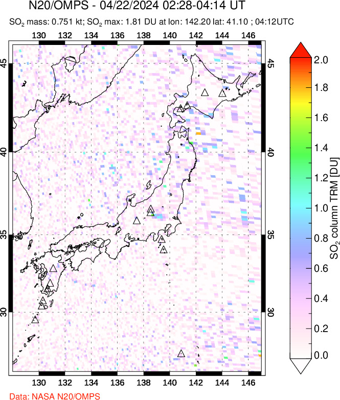 A sulfur dioxide image over Japan on Apr 22, 2024.