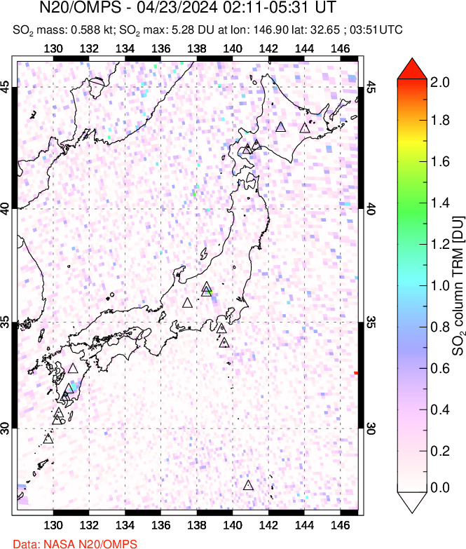 A sulfur dioxide image over Japan on Apr 23, 2024.