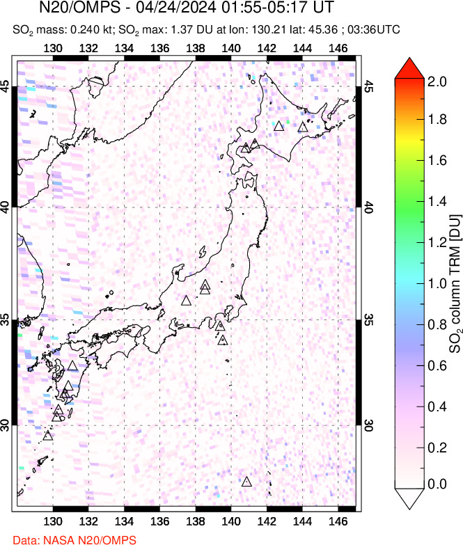 A sulfur dioxide image over Japan on Apr 24, 2024.