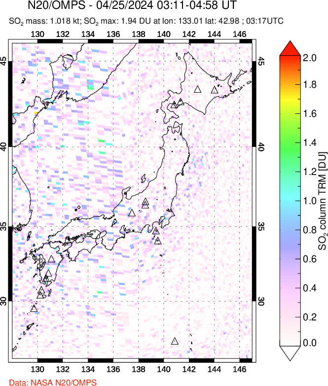 A sulfur dioxide image over Japan on Apr 25, 2024.