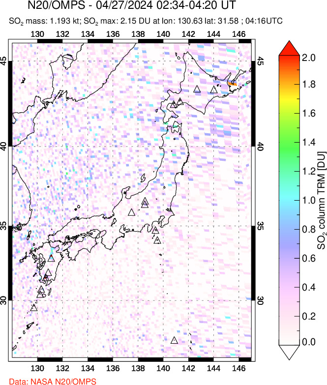 A sulfur dioxide image over Japan on Apr 27, 2024.