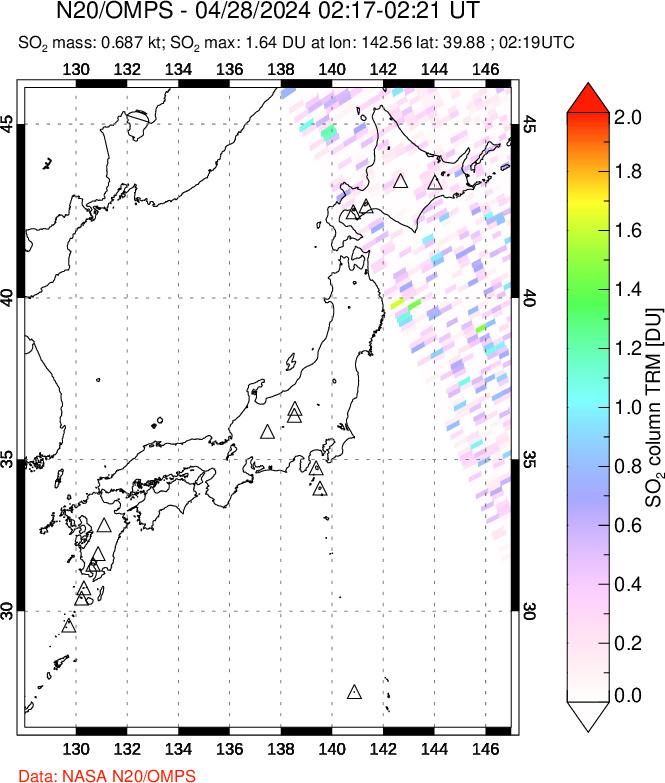 A sulfur dioxide image over Japan on Apr 28, 2024.