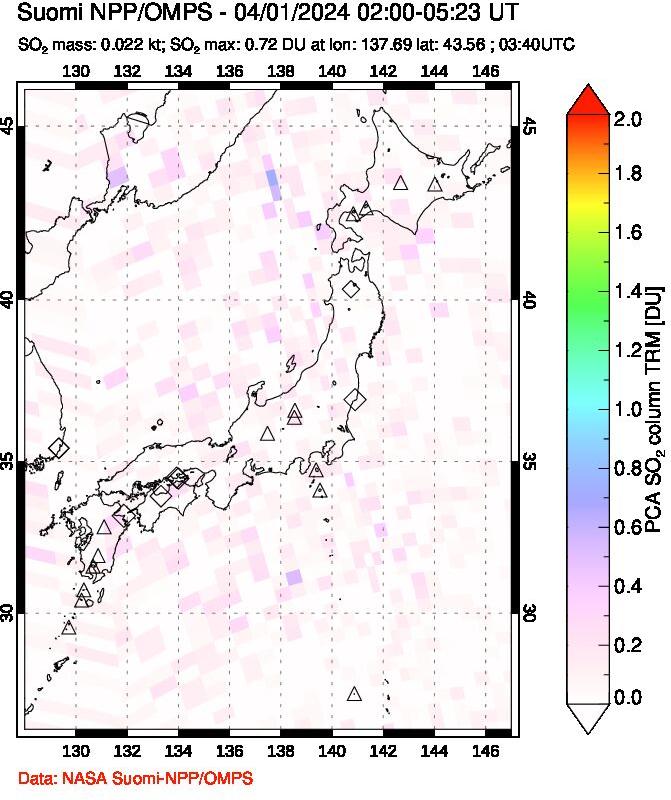 A sulfur dioxide image over Japan on Apr 01, 2024.