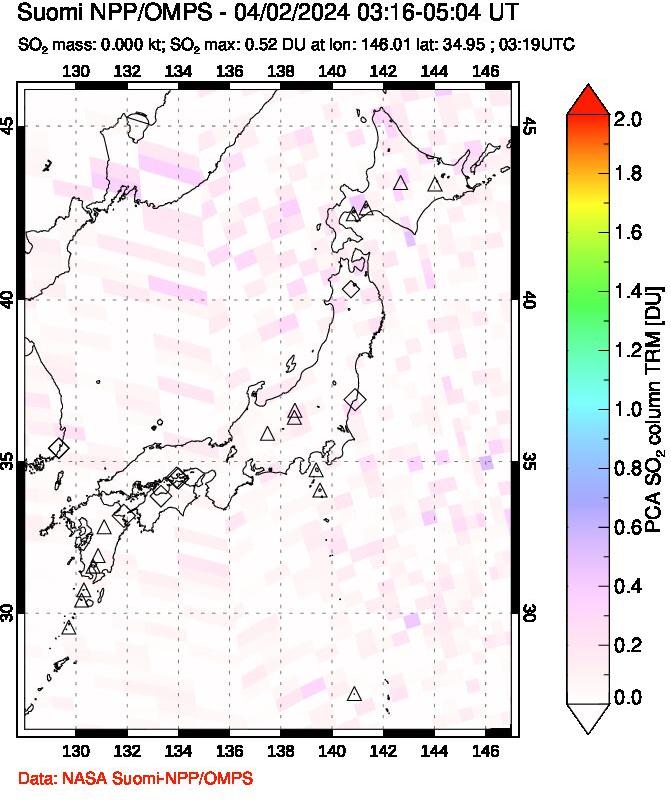 A sulfur dioxide image over Japan on Apr 02, 2024.