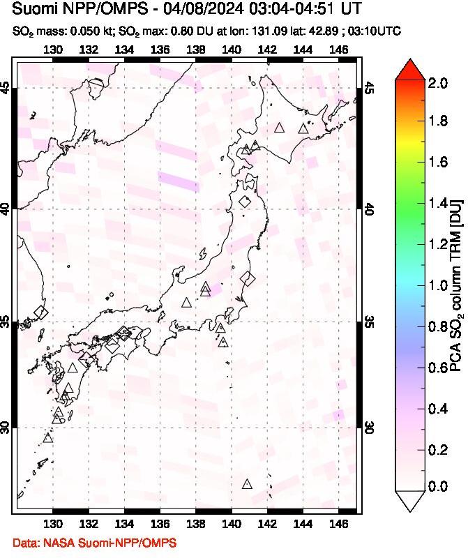 A sulfur dioxide image over Japan on Apr 08, 2024.