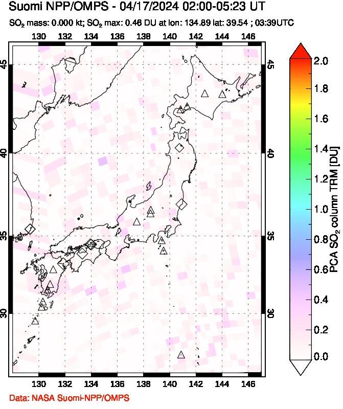 A sulfur dioxide image over Japan on Apr 17, 2024.