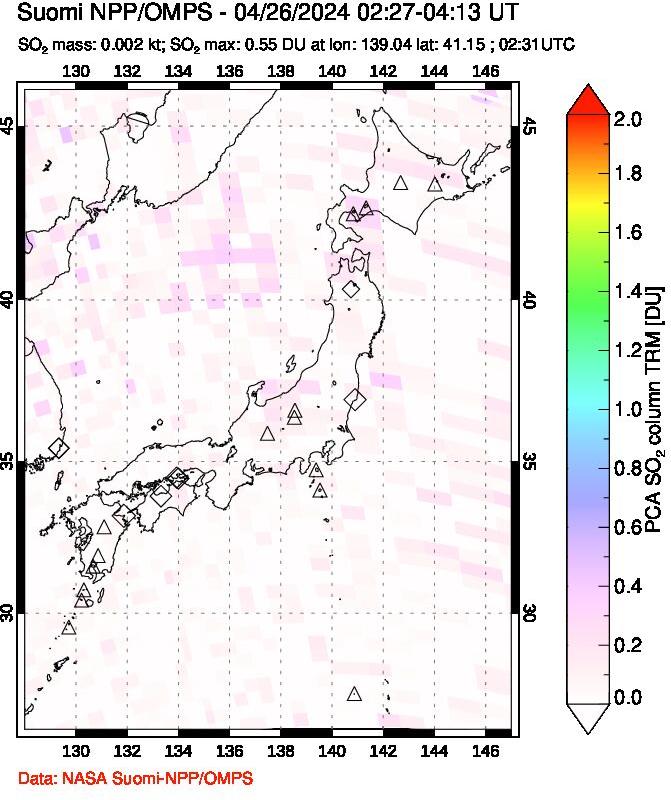 A sulfur dioxide image over Japan on Apr 26, 2024.