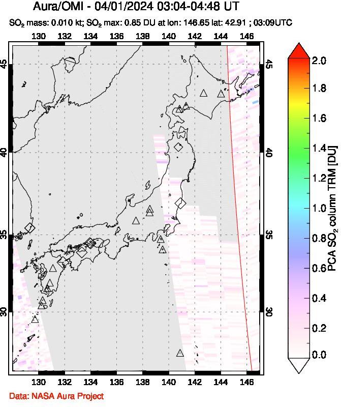 A sulfur dioxide image over Japan on Apr 01, 2024.