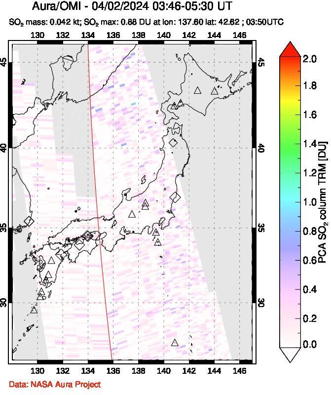 A sulfur dioxide image over Japan on Apr 02, 2024.