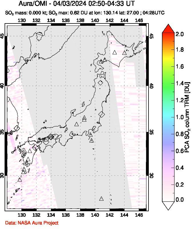 A sulfur dioxide image over Japan on Apr 03, 2024.