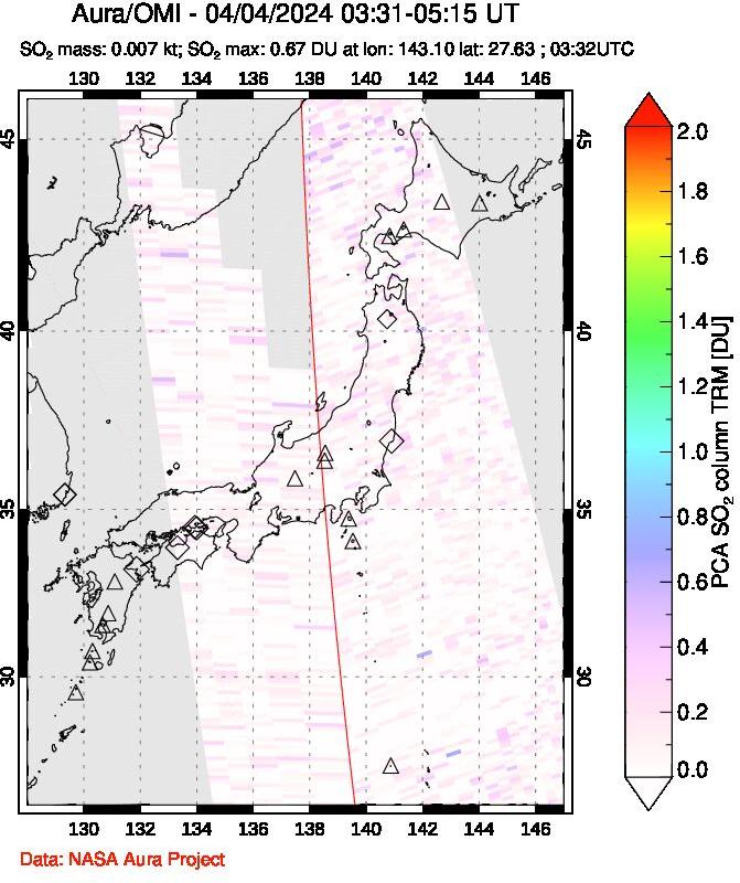 A sulfur dioxide image over Japan on Apr 04, 2024.