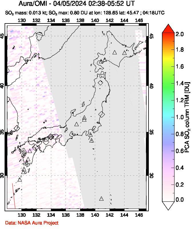 A sulfur dioxide image over Japan on Apr 05, 2024.