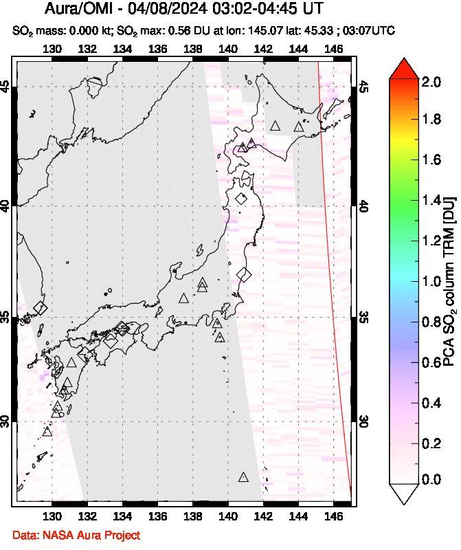 A sulfur dioxide image over Japan on Apr 08, 2024.