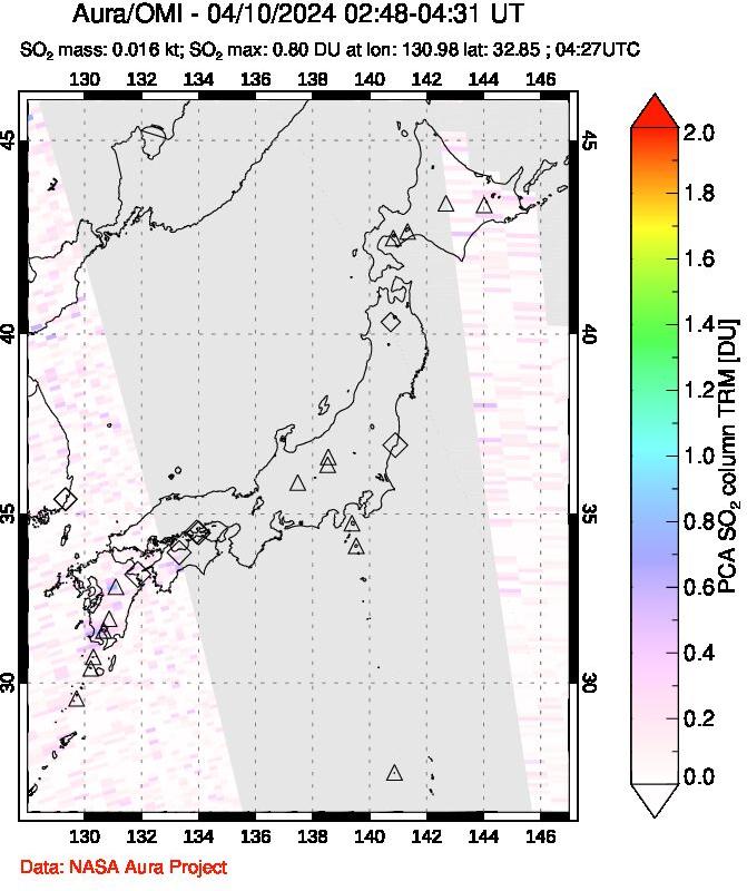 A sulfur dioxide image over Japan on Apr 10, 2024.