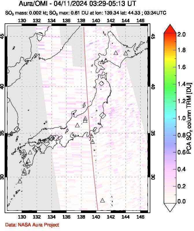 A sulfur dioxide image over Japan on Apr 11, 2024.