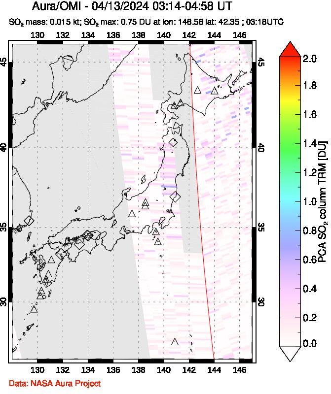 A sulfur dioxide image over Japan on Apr 13, 2024.