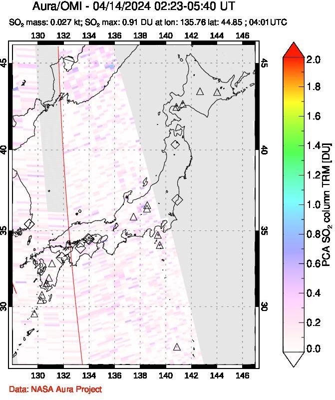 A sulfur dioxide image over Japan on Apr 14, 2024.