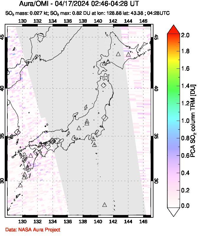 A sulfur dioxide image over Japan on Apr 17, 2024.