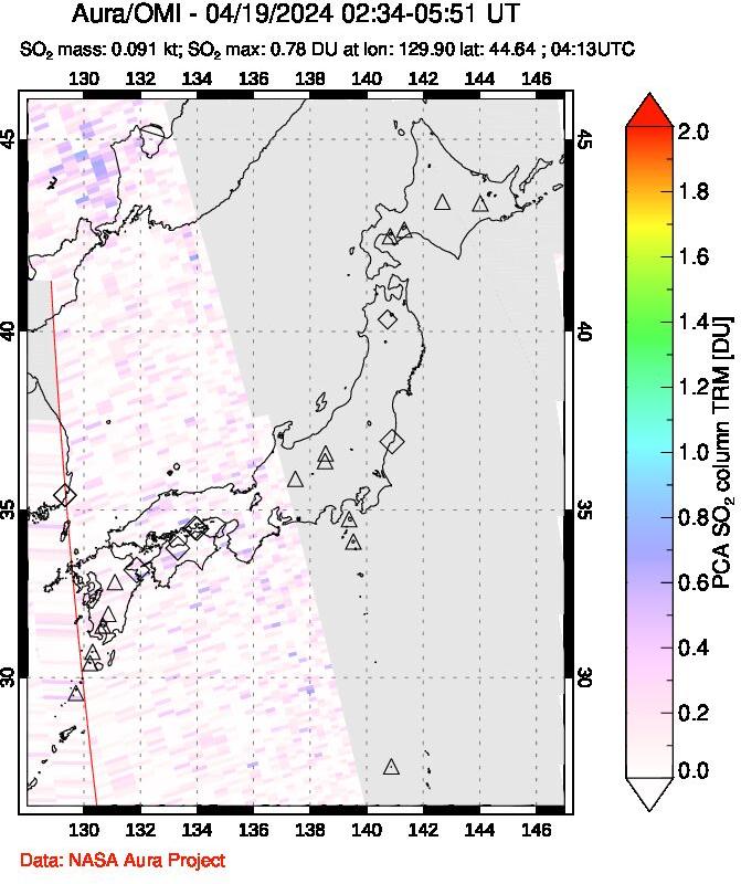 A sulfur dioxide image over Japan on Apr 19, 2024.