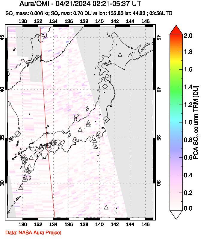 A sulfur dioxide image over Japan on Apr 21, 2024.