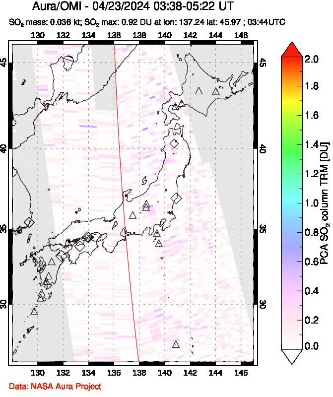 A sulfur dioxide image over Japan on Apr 23, 2024.