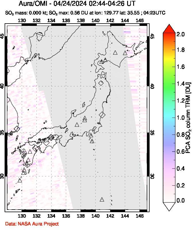 A sulfur dioxide image over Japan on Apr 24, 2024.