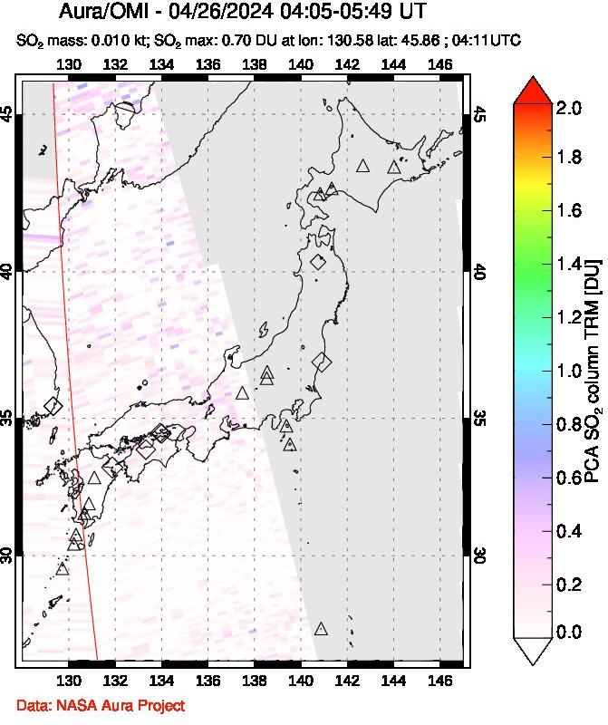 A sulfur dioxide image over Japan on Apr 26, 2024.