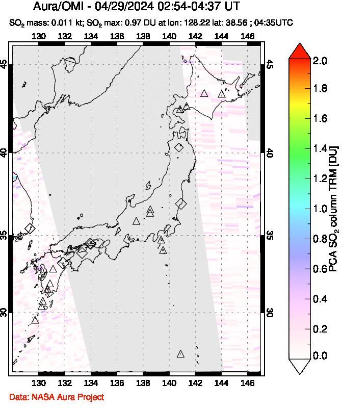 A sulfur dioxide image over Japan on Apr 29, 2024.