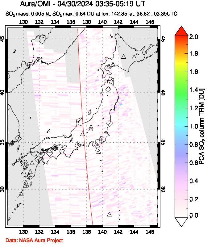 A sulfur dioxide image over Japan on Apr 30, 2024.