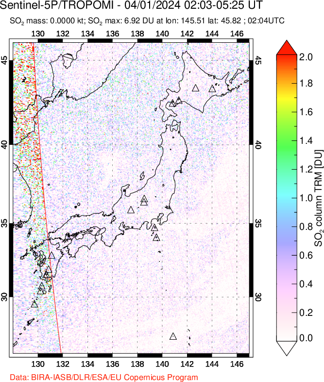 A sulfur dioxide image over Japan on Apr 01, 2024.