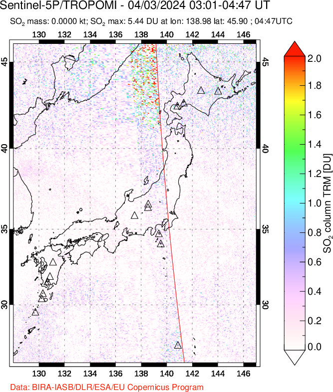 A sulfur dioxide image over Japan on Apr 03, 2024.