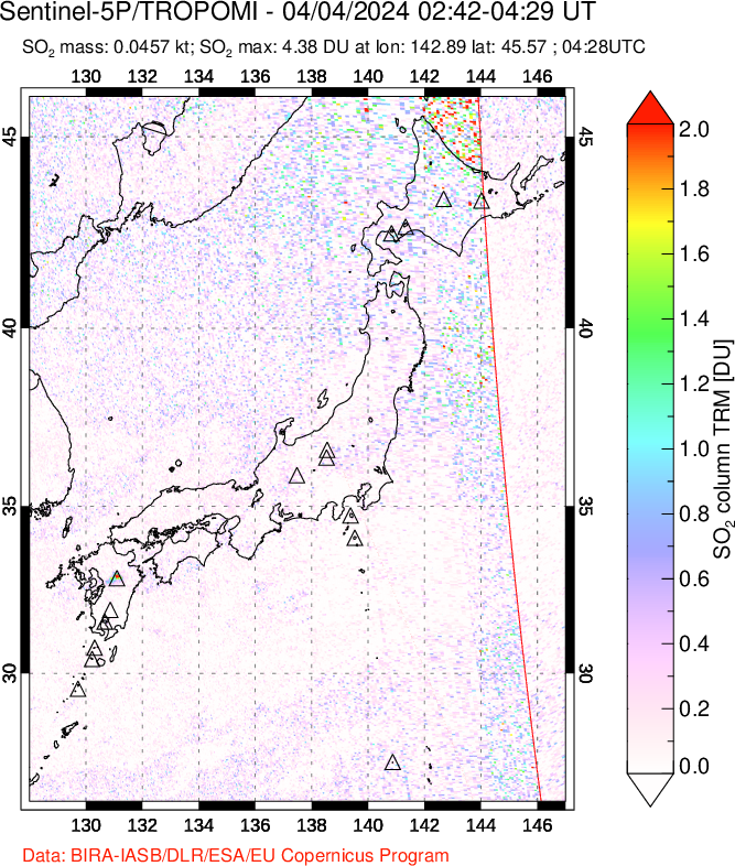 A sulfur dioxide image over Japan on Apr 04, 2024.