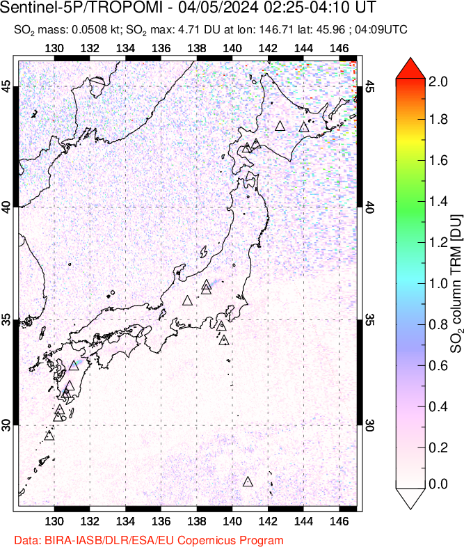 A sulfur dioxide image over Japan on Apr 05, 2024.