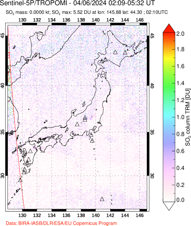 A sulfur dioxide image over Japan on Apr 06, 2024.