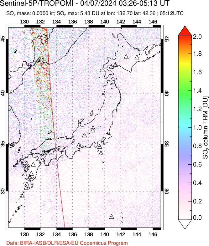 A sulfur dioxide image over Japan on Apr 07, 2024.