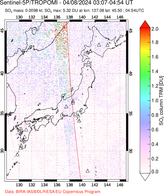 A sulfur dioxide image over Japan on Apr 08, 2024.