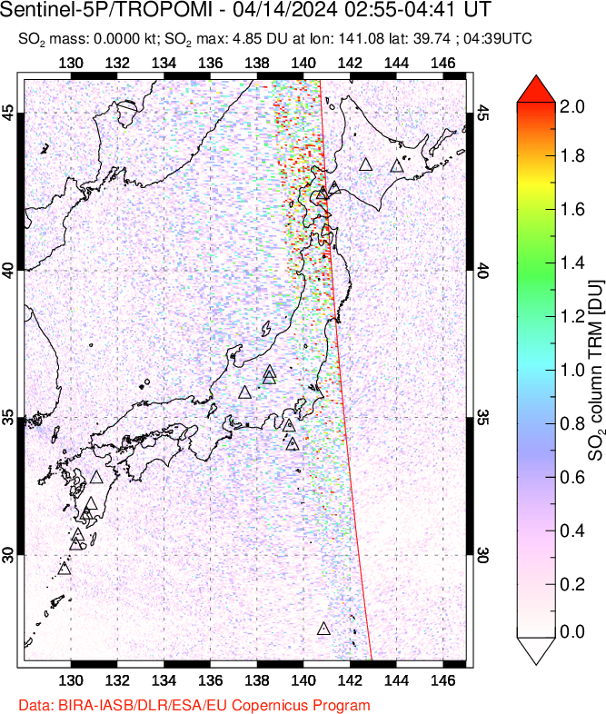 A sulfur dioxide image over Japan on Apr 14, 2024.