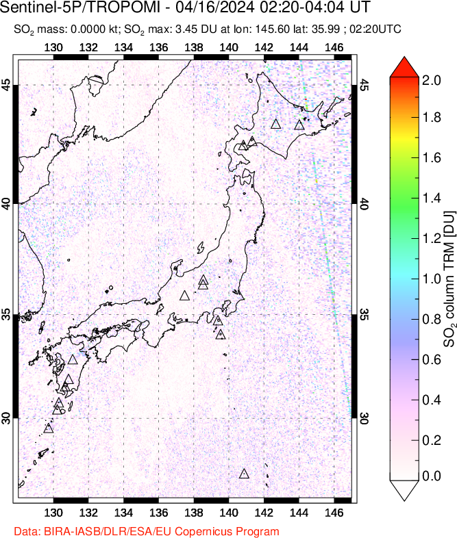 A sulfur dioxide image over Japan on Apr 16, 2024.