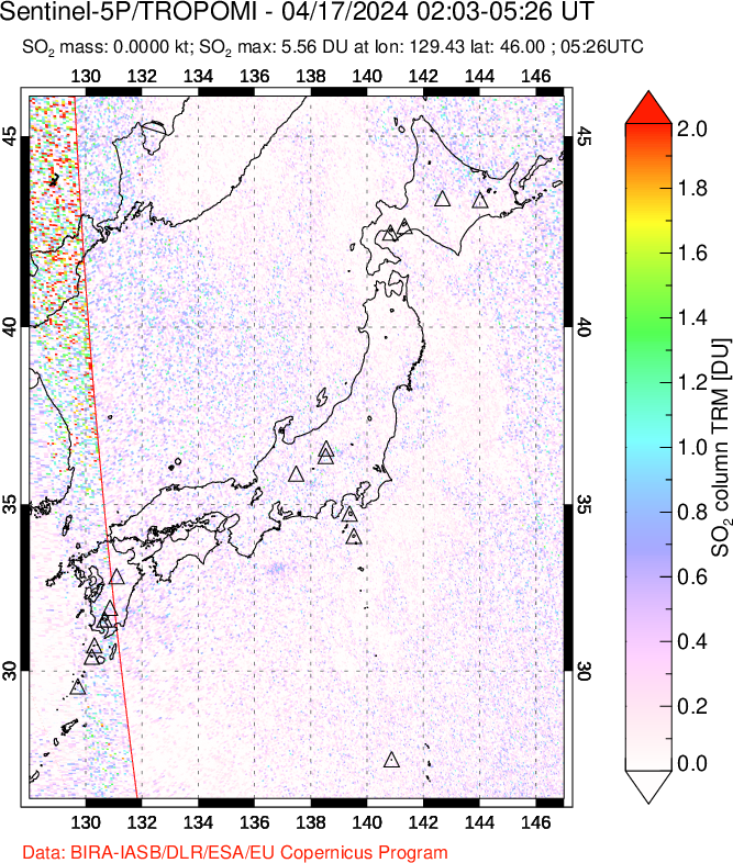 A sulfur dioxide image over Japan on Apr 17, 2024.