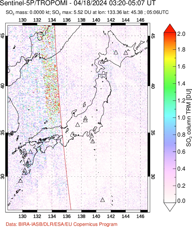 A sulfur dioxide image over Japan on Apr 18, 2024.